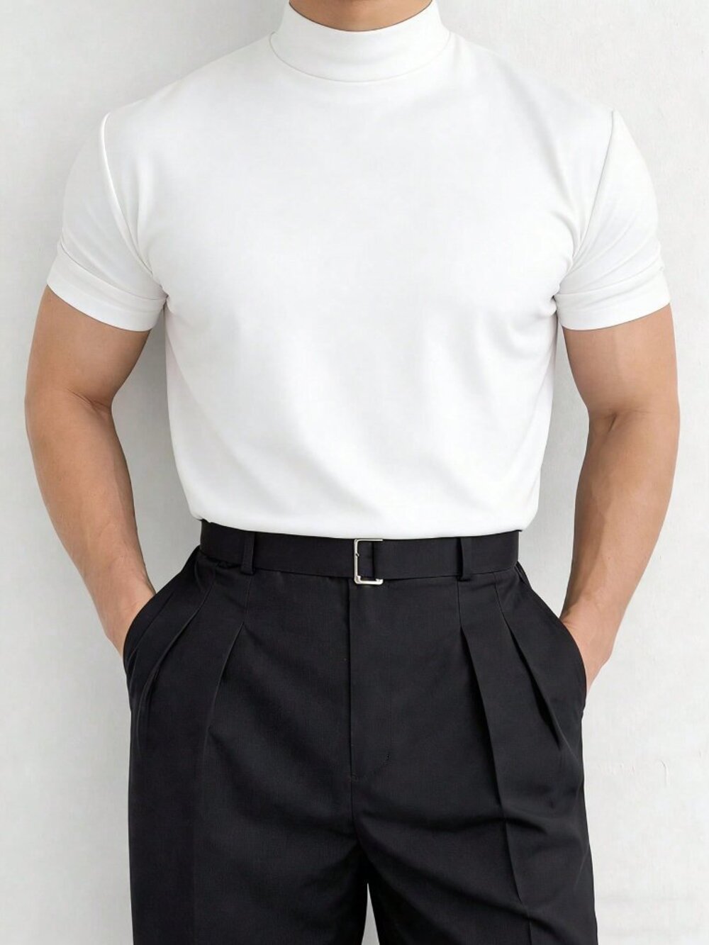 White Casual Men's Stand Collar Short Sleeve T-Shirt